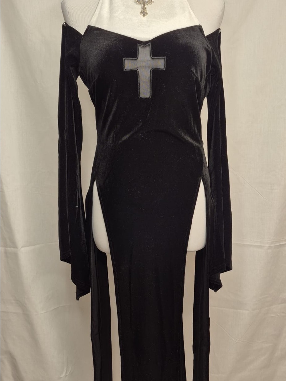 2344 - Seventy Three by TaoBao Black Velvet Off-Shoulder Maxi Dress with Cross
